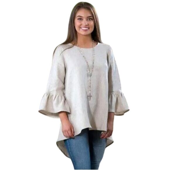 Crown Linen Designs 100% Linen Neutral Beige 3/4 Bell Sleeve Lagonlook Top Size - Picture 1 of 7